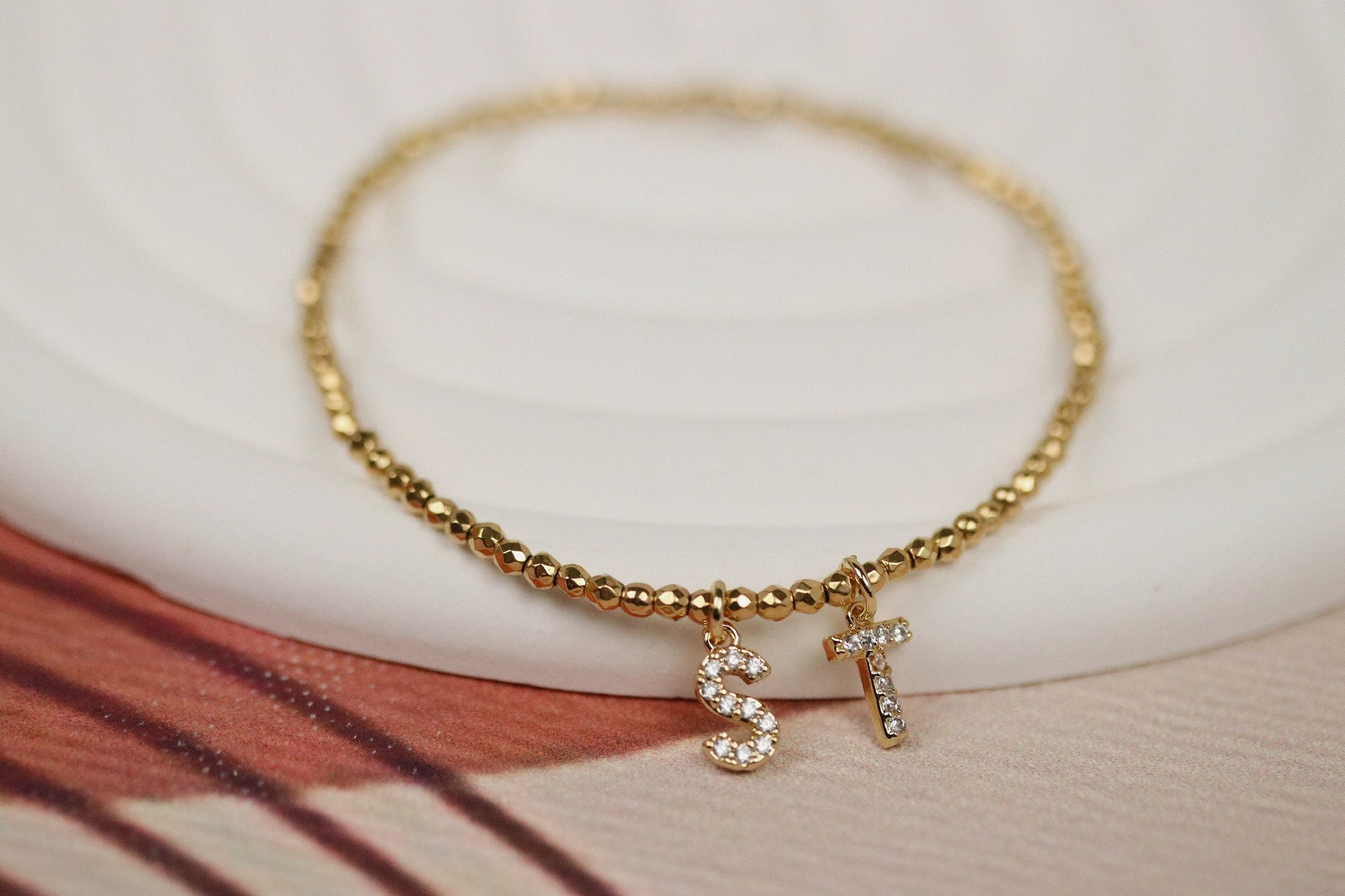 Thank You Gift For Her: Gold CZ Name Bracelet. Personalized Alphabet Bangle, Christmas Gift Idea