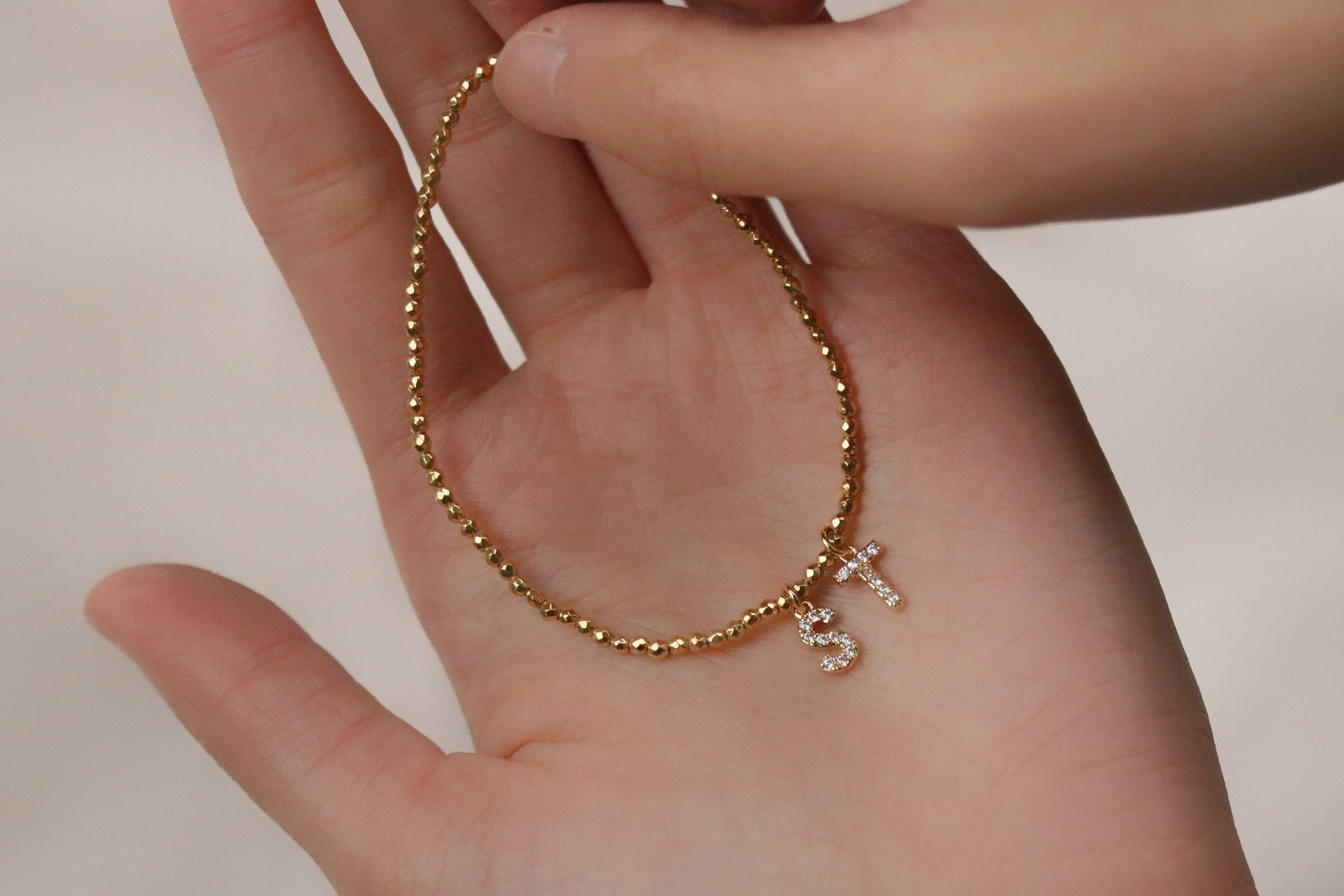 Daughter Initial Bracelet, Gold Filled alphabet Bracelet, Personalised Gift Jewellery. Daughter Birthday Gift, Gold Harmed Beaded Bracelet