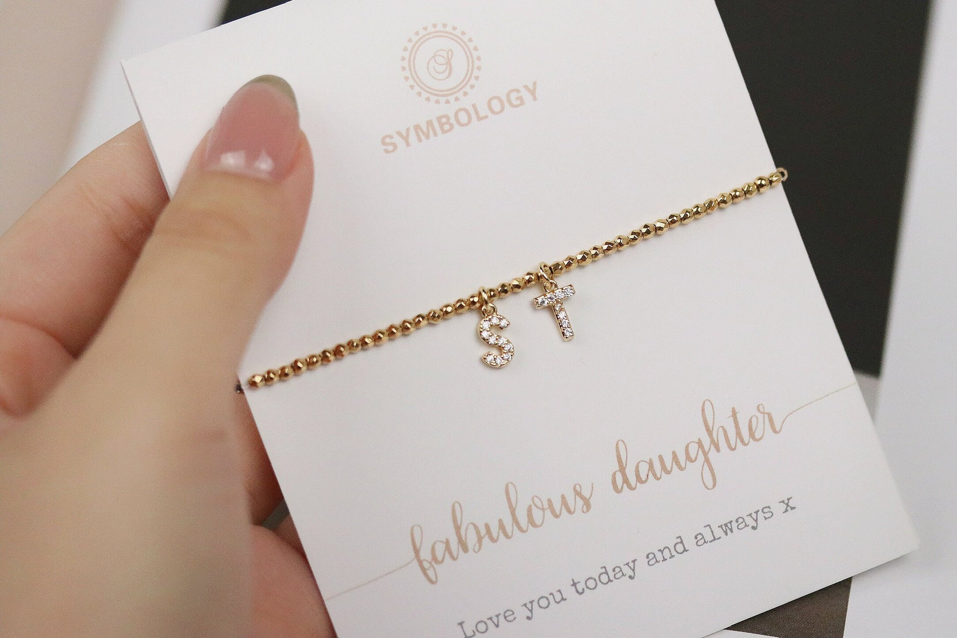 Daughter Initial Bracelet, Gold Filled alphabet Bracelet, Personalised Gift Jewellery. Daughter Birthday Gift, Gold Harmed Beaded Bracelet