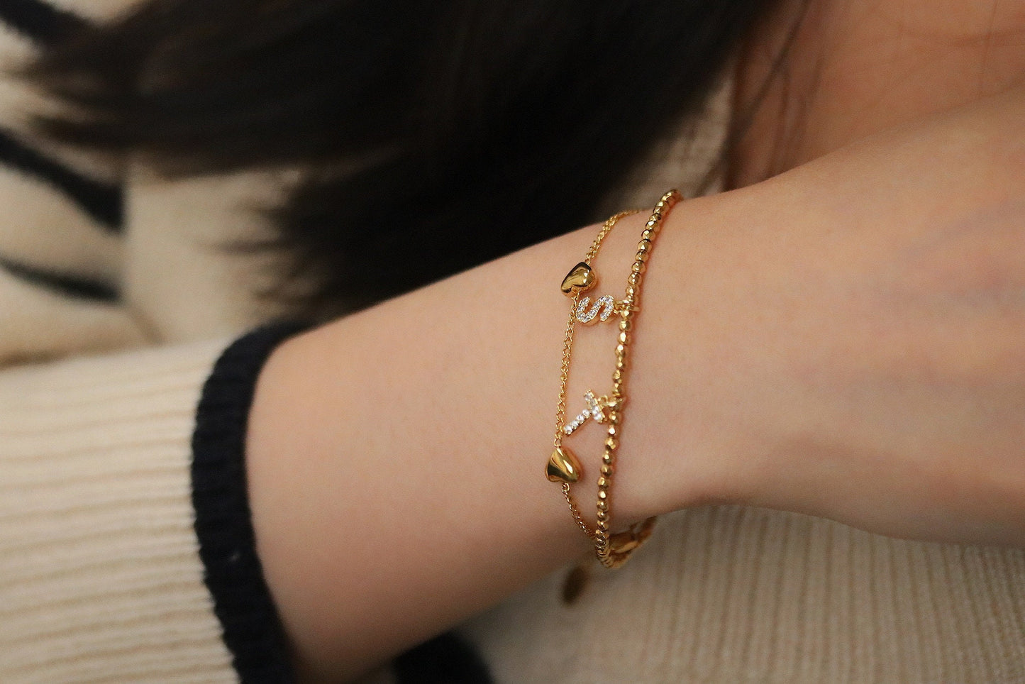 Thank You Gift For Her: Gold CZ Name Bracelet. Personalized Alphabet Bangle, Christmas Gift Idea