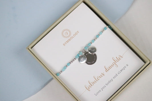 Personalised Initial Bracelet, Customised Alphabet Bracelet, Silver Blue Quartz Beads Elastic Bracelet, Daughter Birthday Gift for Her