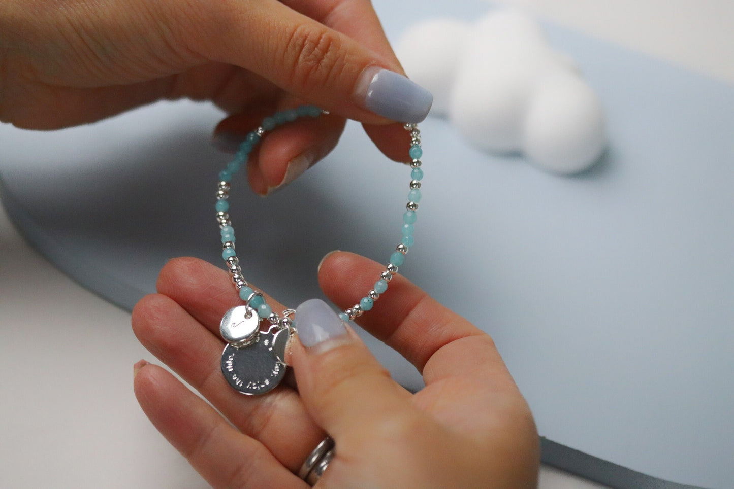 Personalised Initial Bracelet, Customised Alphabet Bracelet, Silver Blue Quartz Beads Elastic Bracelet, Daughter Birthday Gift for Her