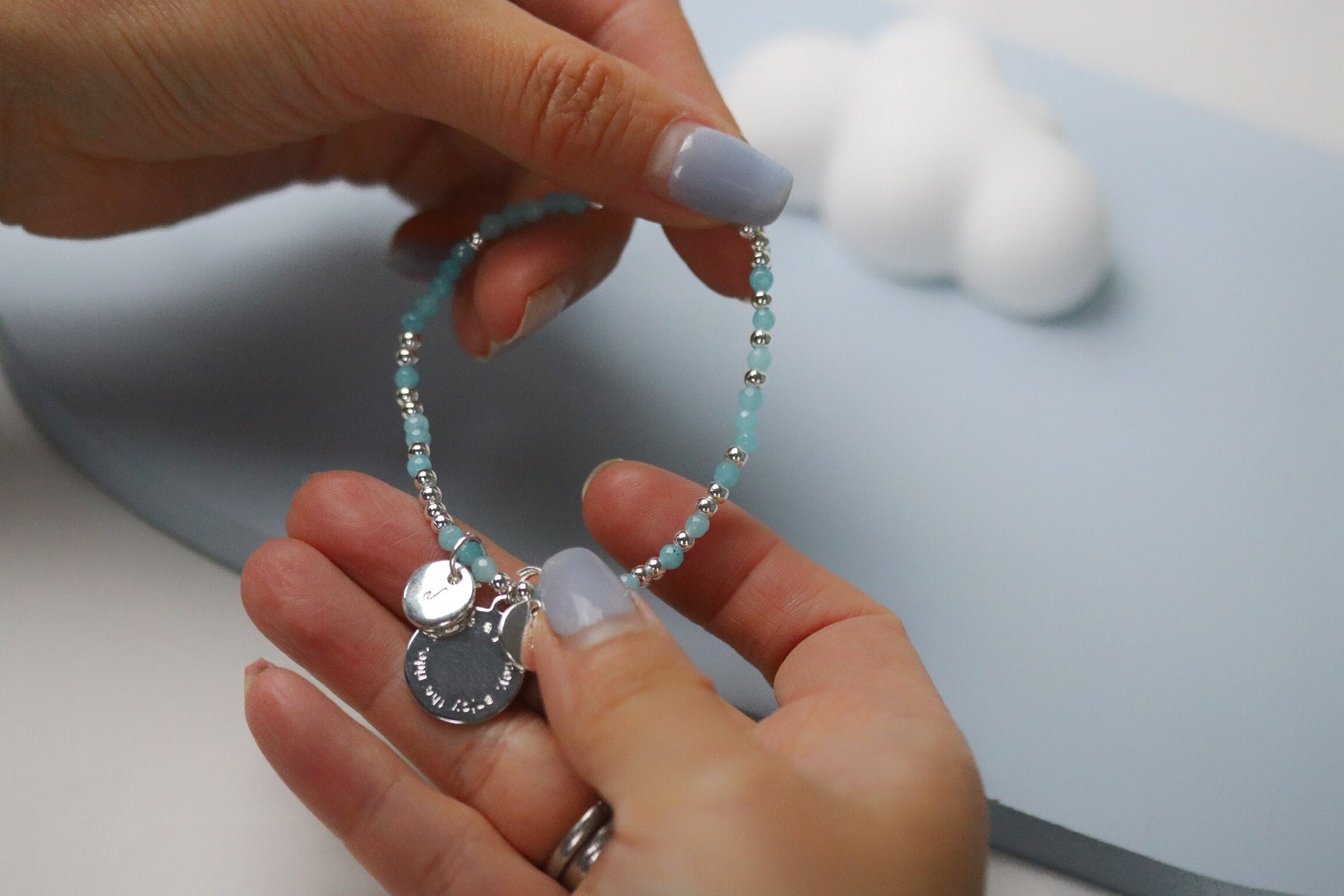 Personalised Initial Bracelet, Customised Alphabet Bracelet, Silver Blue Quartz Beads Elastic Bracelet, Daughter Birthday Gift for Her