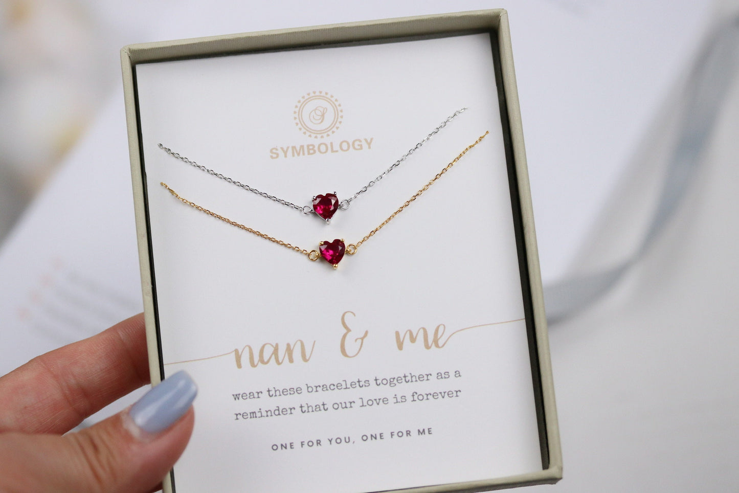 Nan and Me, 925 Silver Ruby Stone Bracelet Set, Minimalist Gold Tiny Bracelet, Christmas Gift for Her, July Birthstone Bracelet Gift for Her