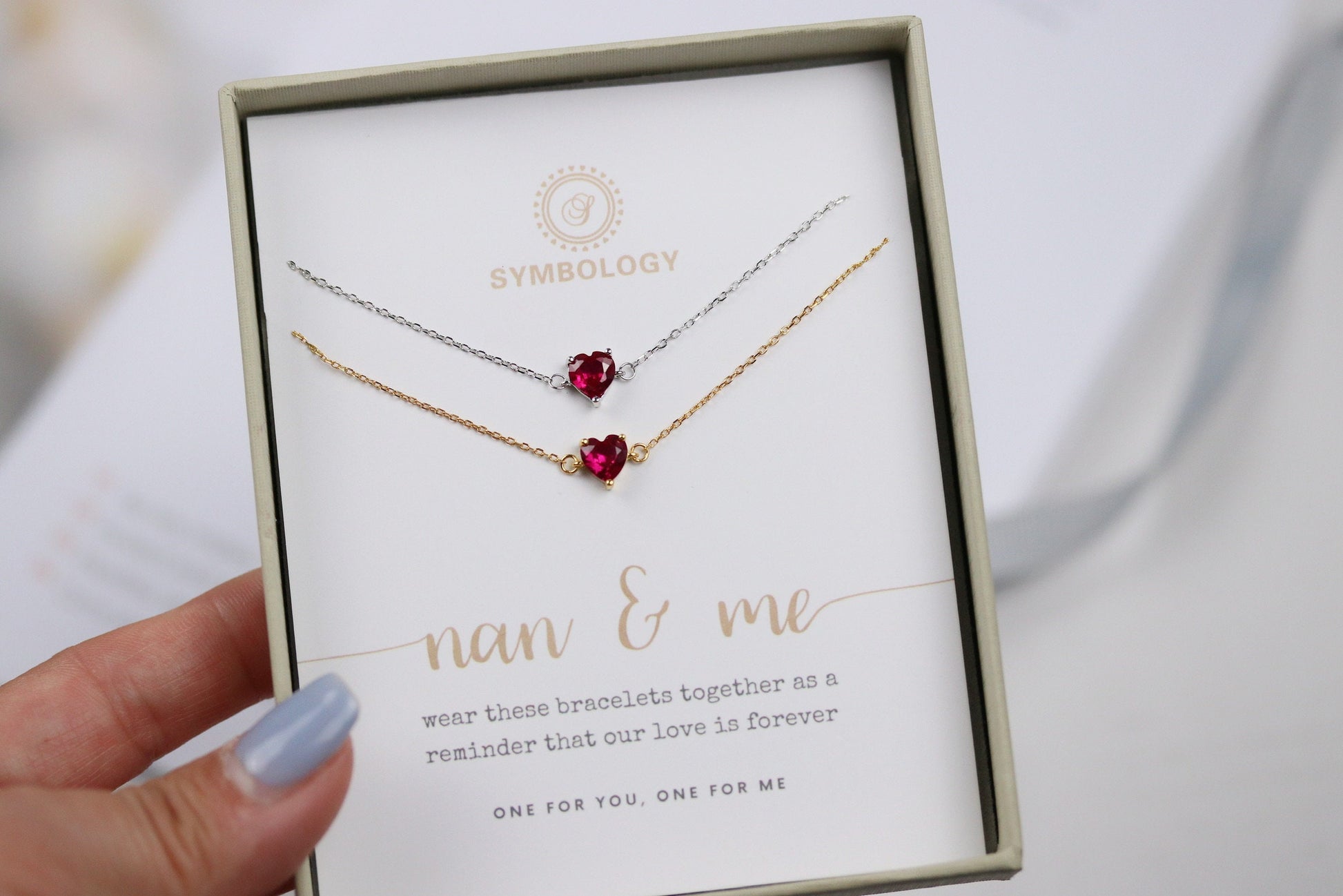 Nan and Me, 925 Silver Ruby Stone Bracelet Set, Minimalist Gold Tiny Bracelet, Christmas Gift for Her, July Birthstone Bracelet Gift for Her
