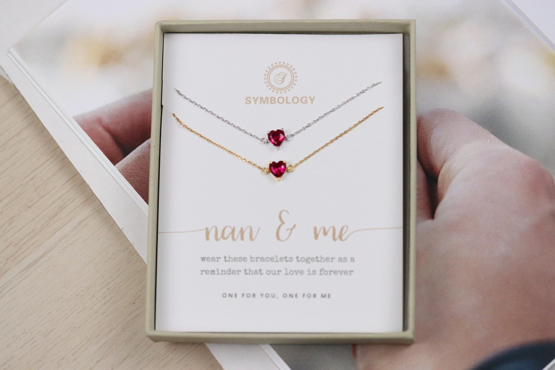 Nan and Me, 925 Silver Ruby Stone Bracelet Set, Minimalist Gold Tiny Bracelet, Christmas Gift for Her, July Birthstone Bracelet Gift for Her