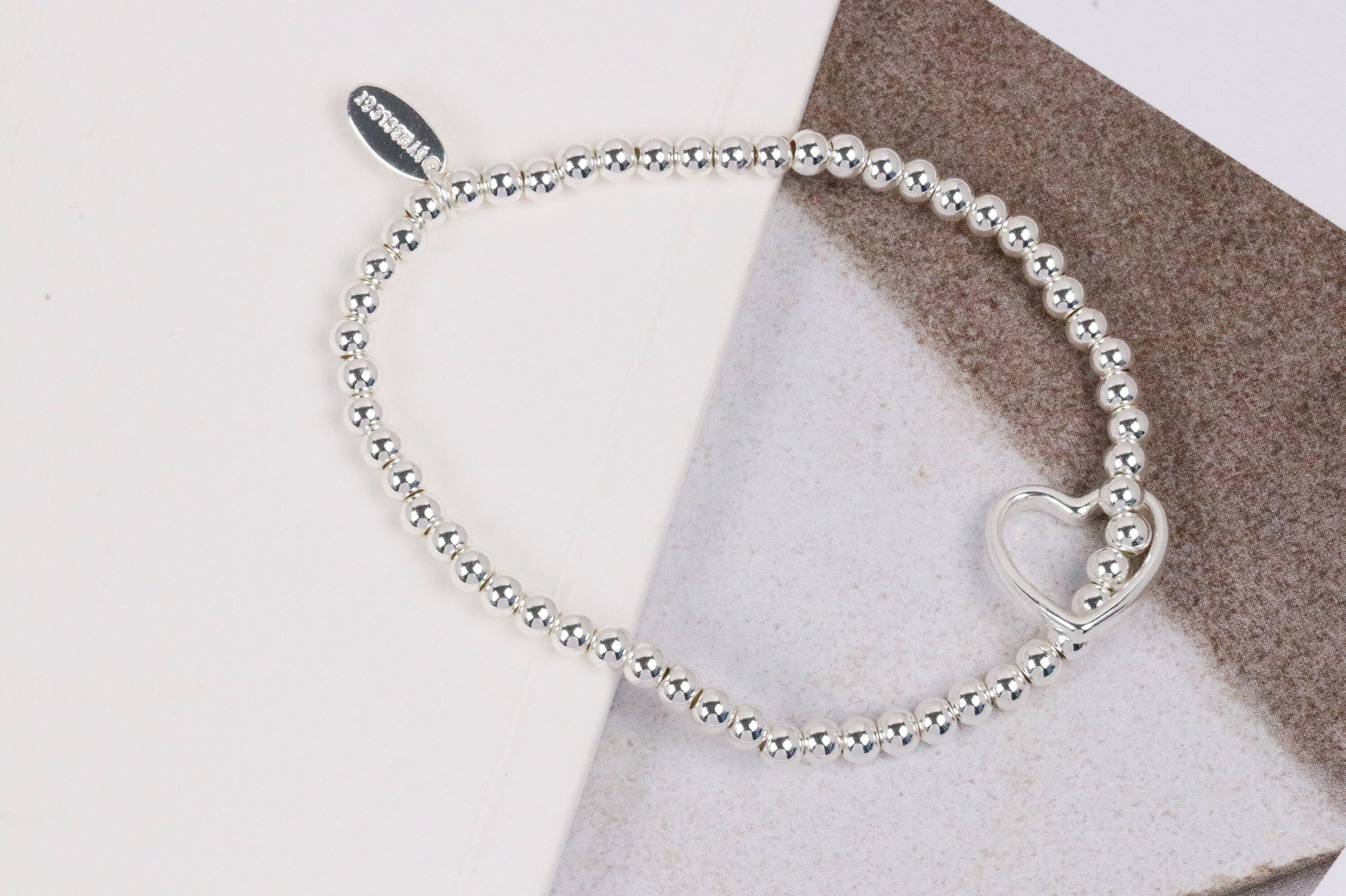 Christmas Gift for Her, Personalised Bracelet, Silver Open Love Heart Bracelet, Silver Beaded Stretch Bracelet, Birthday Gift for Mum, Sis
