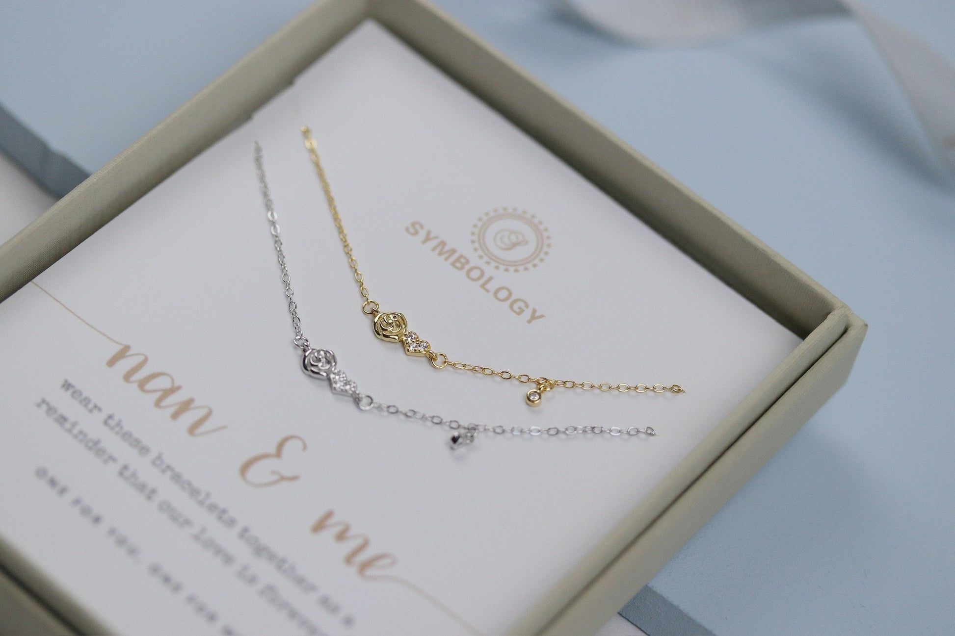 Nan and Me Rose Bracelet Set, Minimalist Tiny Rose Bracelet for Nan, 925 Silver Stacking Bracelet, Birthday Gift for Her, Christmas Gift