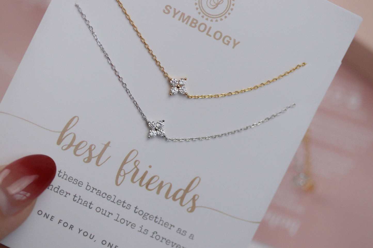 Handmade Gift for Nan, Gold Four Leaf Clover Bracelet Set, Minimalist 925 Silver Tiny Bracelet, Christmas Gift for Her, Personalised gift