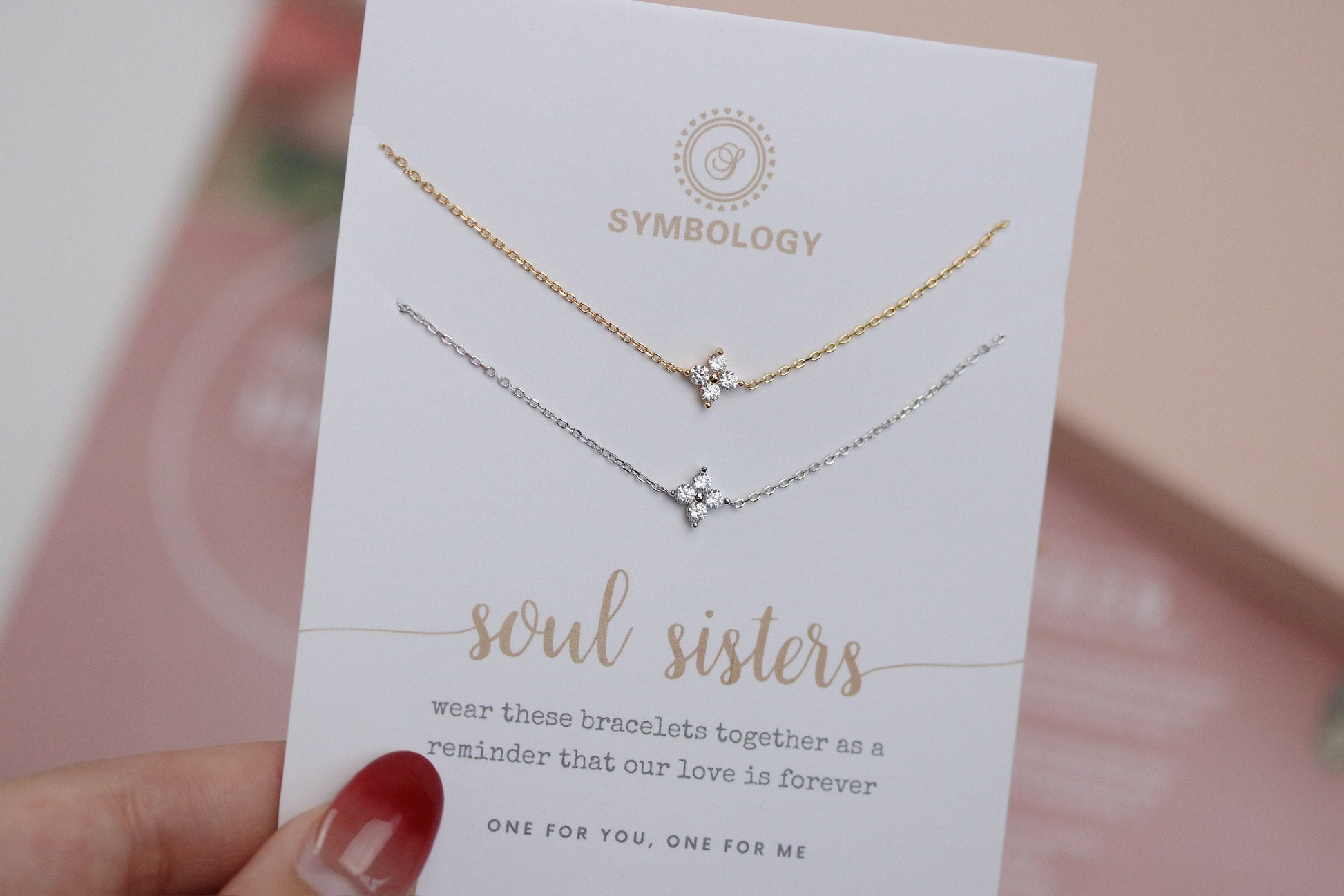 Soul Sister Gift, Gold Four Leaf Clover Bracelet Set, Minimalist 925 Silver Tiny Bracelet, Dainty Stacking Bracelet, Christmas Gift for Her