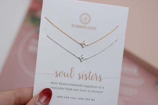 Soul Sister Gift, Gold Four Leaf Clover Bracelet Set, Minimalist 925 Silver Tiny Bracelet, Dainty Stacking Bracelet, Christmas Gift for Her