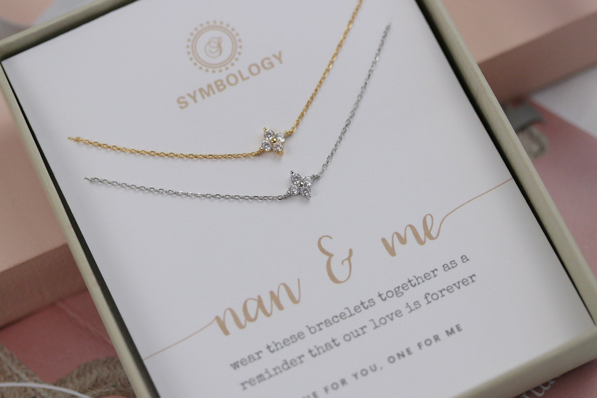 Handmade Gift for Nan, Gold Four Leaf Clover Bracelet Set, Minimalist 925 Silver Tiny Bracelet, Christmas Gift for Her, Personalised gift