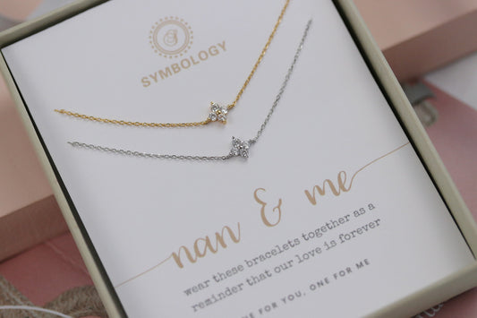 Handmade Gift for Nan, Gold Four Leaf Clover Bracelet Set, Minimalist 925 Silver Tiny Bracelet, Christmas Gift for Her, Personalised gift
