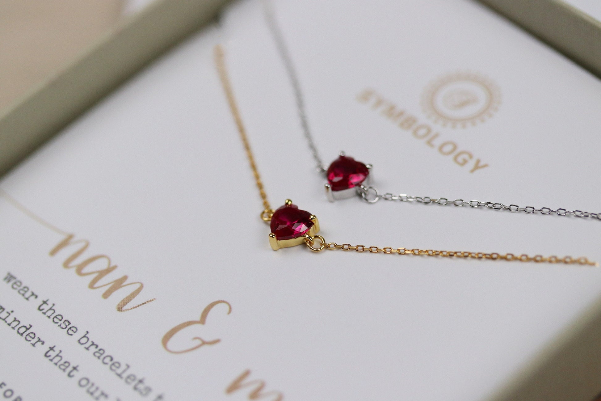Nan and Me, 925 Silver Ruby Stone Bracelet Set, Minimalist Gold Tiny Bracelet, Christmas Gift for Her, July Birthstone Bracelet Gift for Her