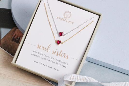 Sister Gift, 925 Silver Ruby Stone Heart Bracelet Set, Minimalist Gold Tiny Bracelet, ,Silver July Birthstone Bracelet, mother's day gift