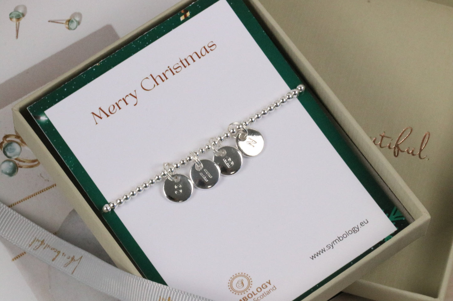 Christmas Gift for Her, Silver Beaded Initial Bracelet, Personalised Gift, Secret Santa Gift for Teacher, Silver Stretch Alphabet Bracelet