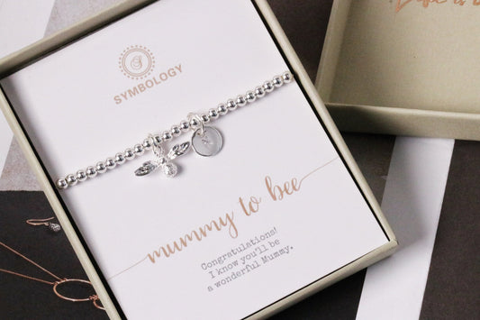 Mummy To Be Gift, Silver Bead Initial Bracelet, New Mum Gift, Custom Bee Bracelet, Personalized Gift, Mother's Day Gifts for Her, Bee Charm