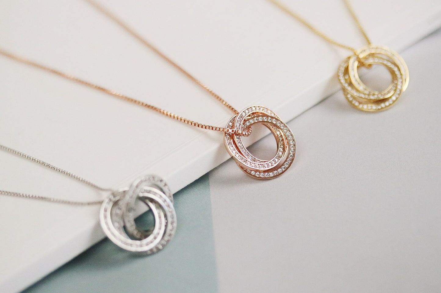 Personalised Jewelry, Birthday Gift for Her, Daughter Necklace, CZ Sparkle Necklace, Russian Rings Necklace in Silver, Gold Family Necklace