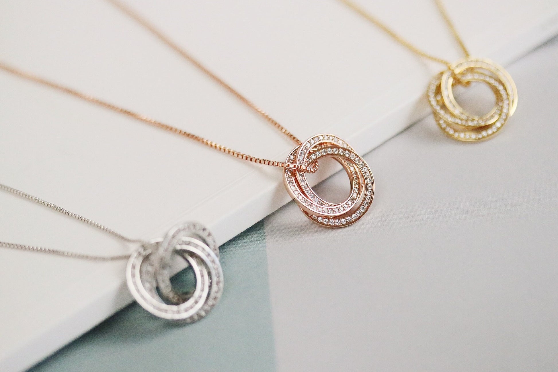 Personalised Jewelry, Birthday Gift for Her, Daughter Necklace, CZ Sparkle Necklace, Russian Rings Necklace in Silver, Gold Family Necklace