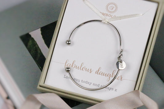 Personalised Daughter Bangle, Silver Knot Initial Bracelet, Birthstone Open Bangle, Birthday Gift for Her, Gold Custom alphabet Bracelet