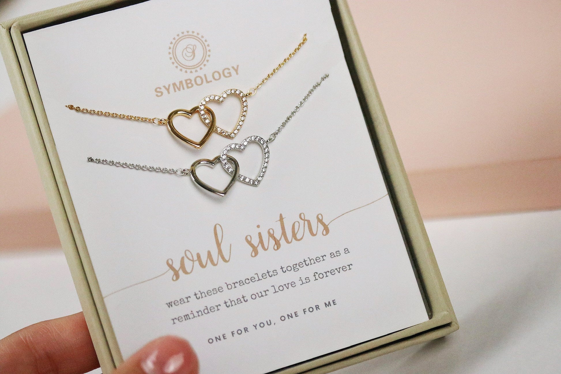 Silver Sister Bracelet Set, 18k Gold Personalised CZ Pave Sis Gift, Gold Double Love Heart Duo Bracelet, Waterproof Minimalist Jewellery