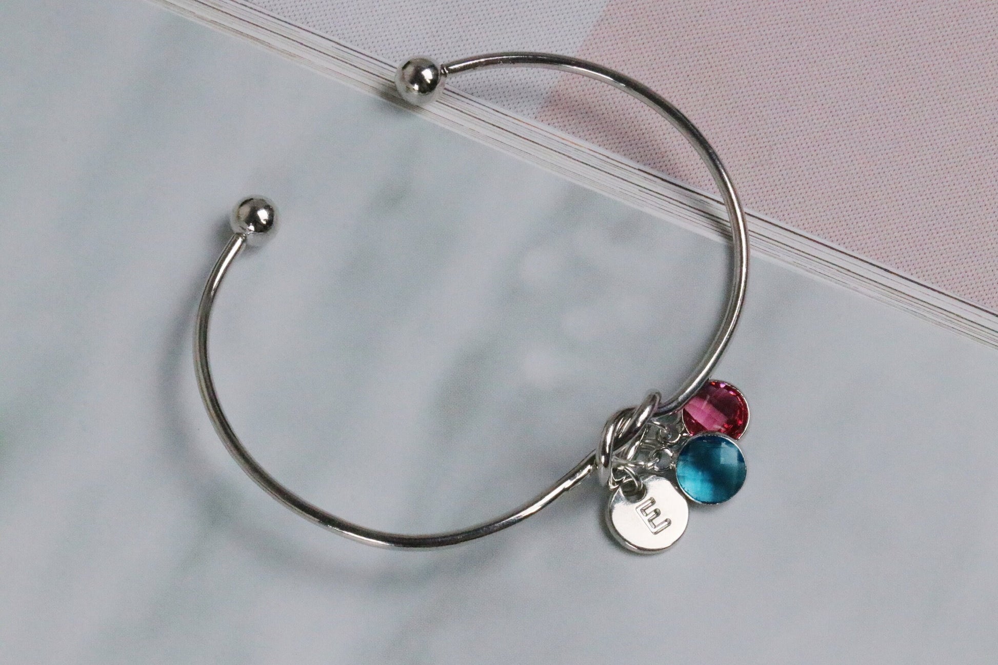Personalised Sister Bangle, Silver Knot Initial Bracelet, Birthstone Open Bangle, Birthday Gift for Her, Sister Custom alphabet Bracelet