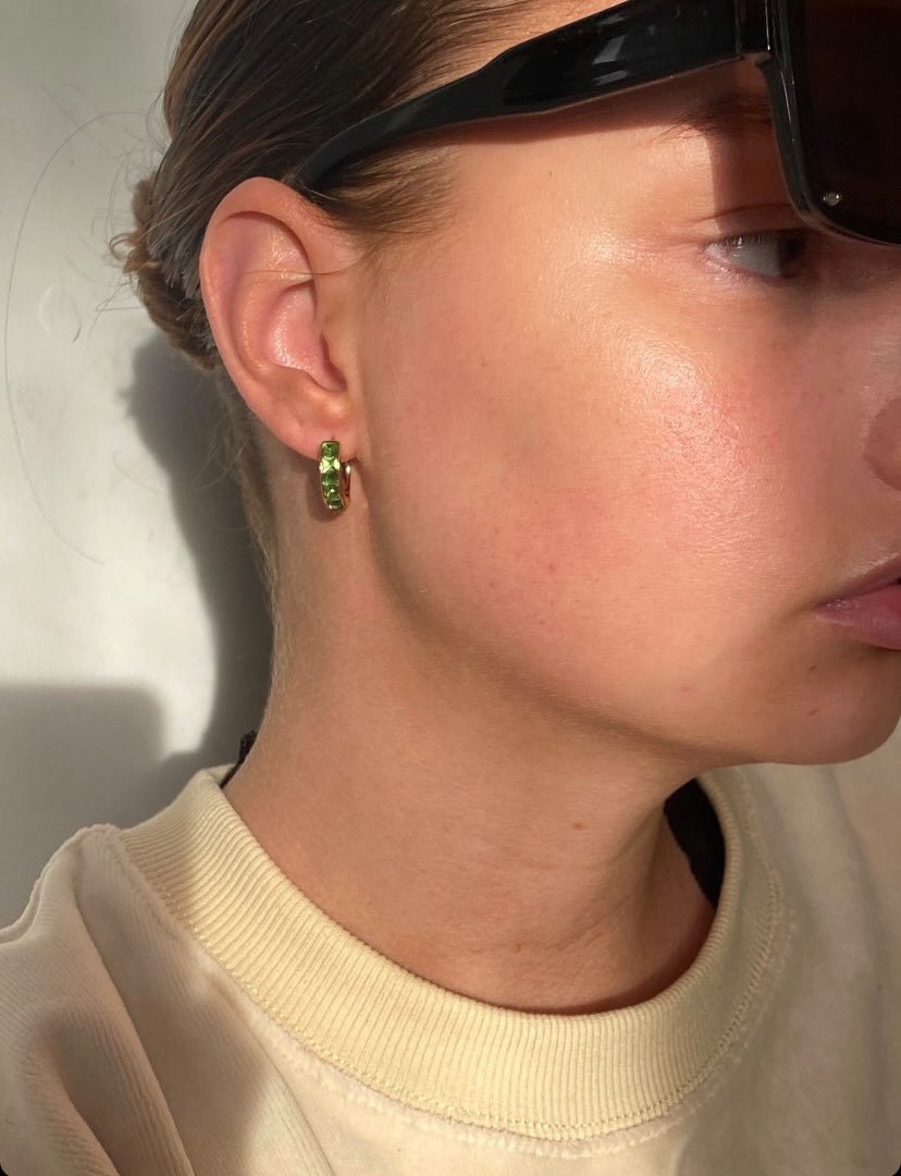 August Birthstone Earrings: Peridot Swarovski Crystal Hoops, 18ct Gold Plated Huggies for Woman