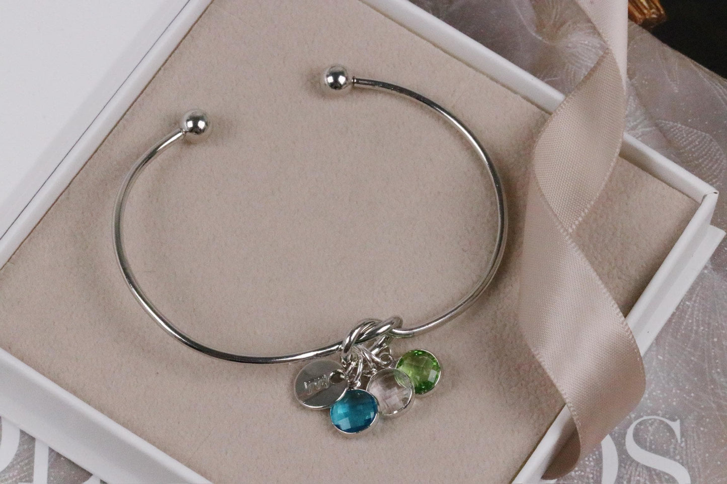 Silver Knot Bangle – Custom Initial Charm Bracelet with Birthstone Gift for Women