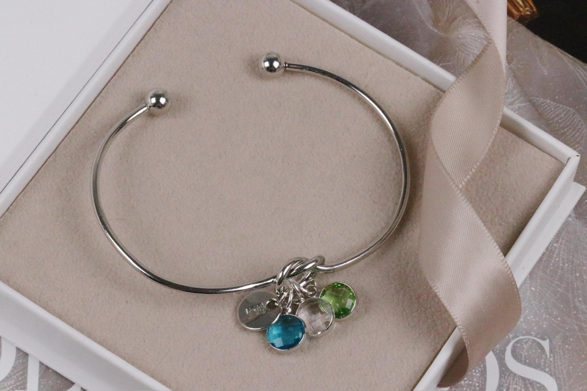 Silver Knot Bangle – Custom Initial Charm Bracelet with Birthstone Gift for Women