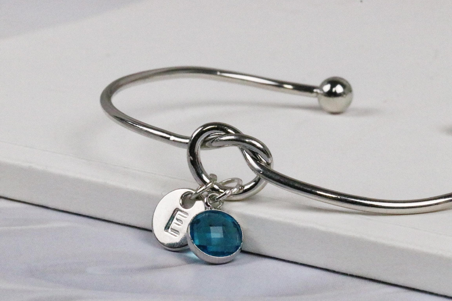Silver Knot Bangle – Custom Initial Charm Bracelet with Birthstone Gift for Women