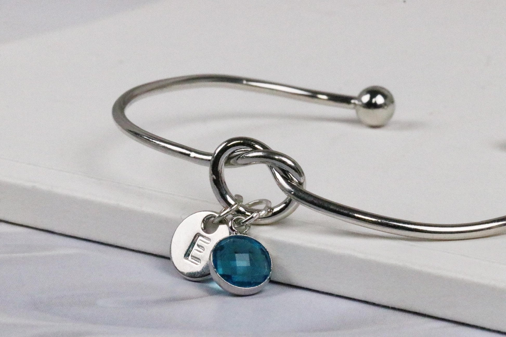 Silver Knot Bangle – Custom Initial Charm Bracelet with Birthstone Gift for Women