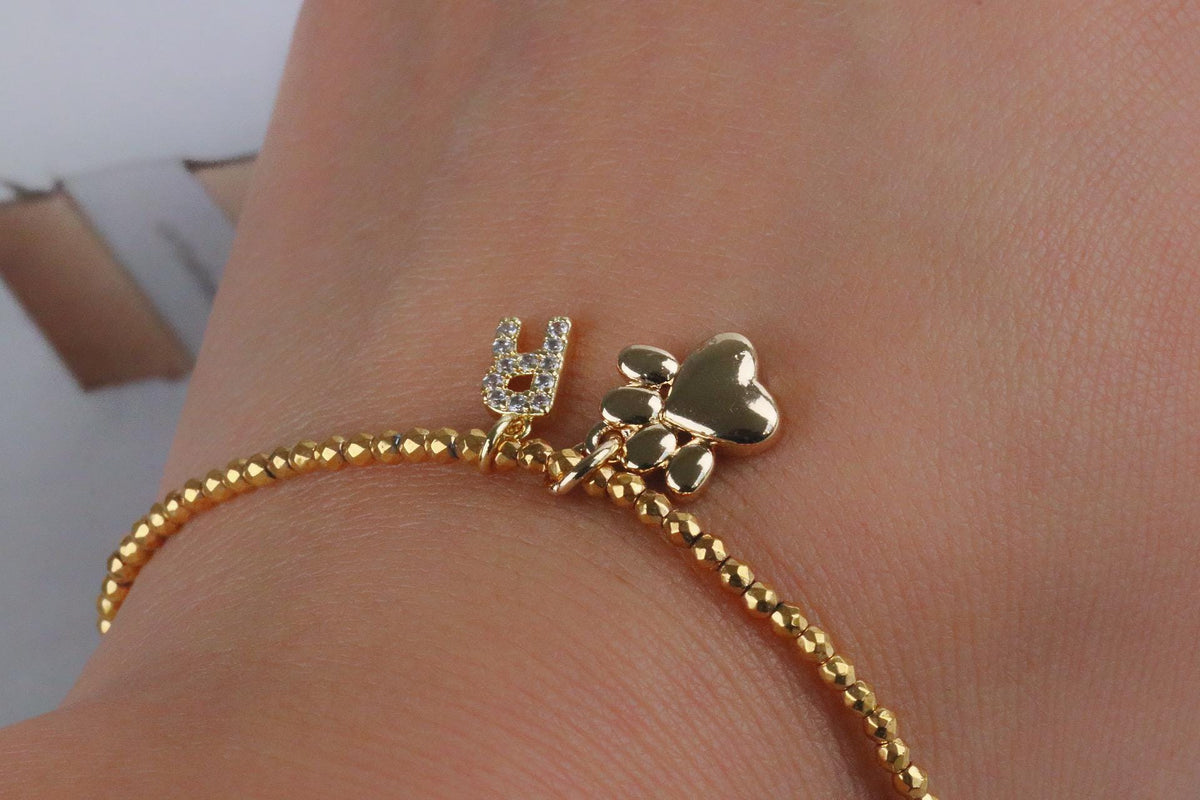 Pet Dog Cat Initial Bracelet, Personalized Pet Bracelet, Dog Paw Charm Jewelry, Pet Lover Gift for Her, Lost Pet Gift for Mum, Custom Name
