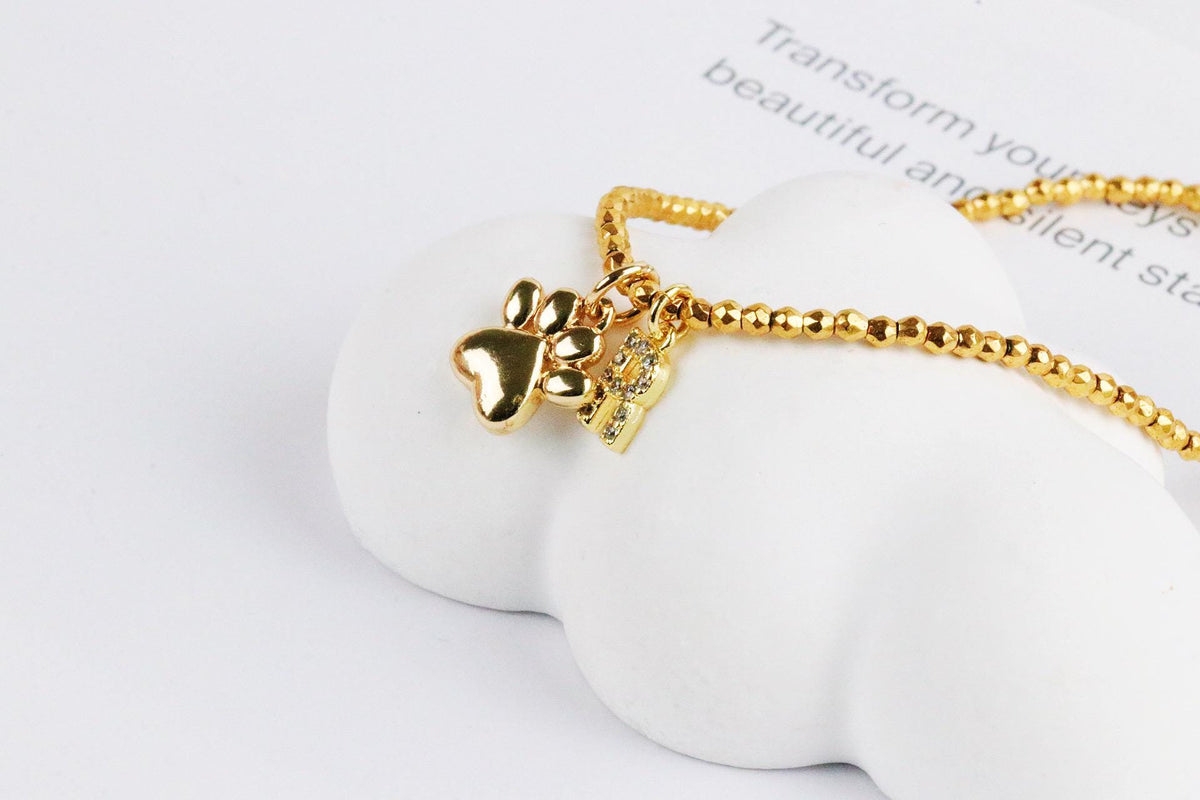 Pet Dog Cat Initial Bracelet, Personalized Pet Bracelet, Dog Paw Charm Jewelry, Pet Lover Gift for Her, Lost Pet Gift for Mum, Custom Name