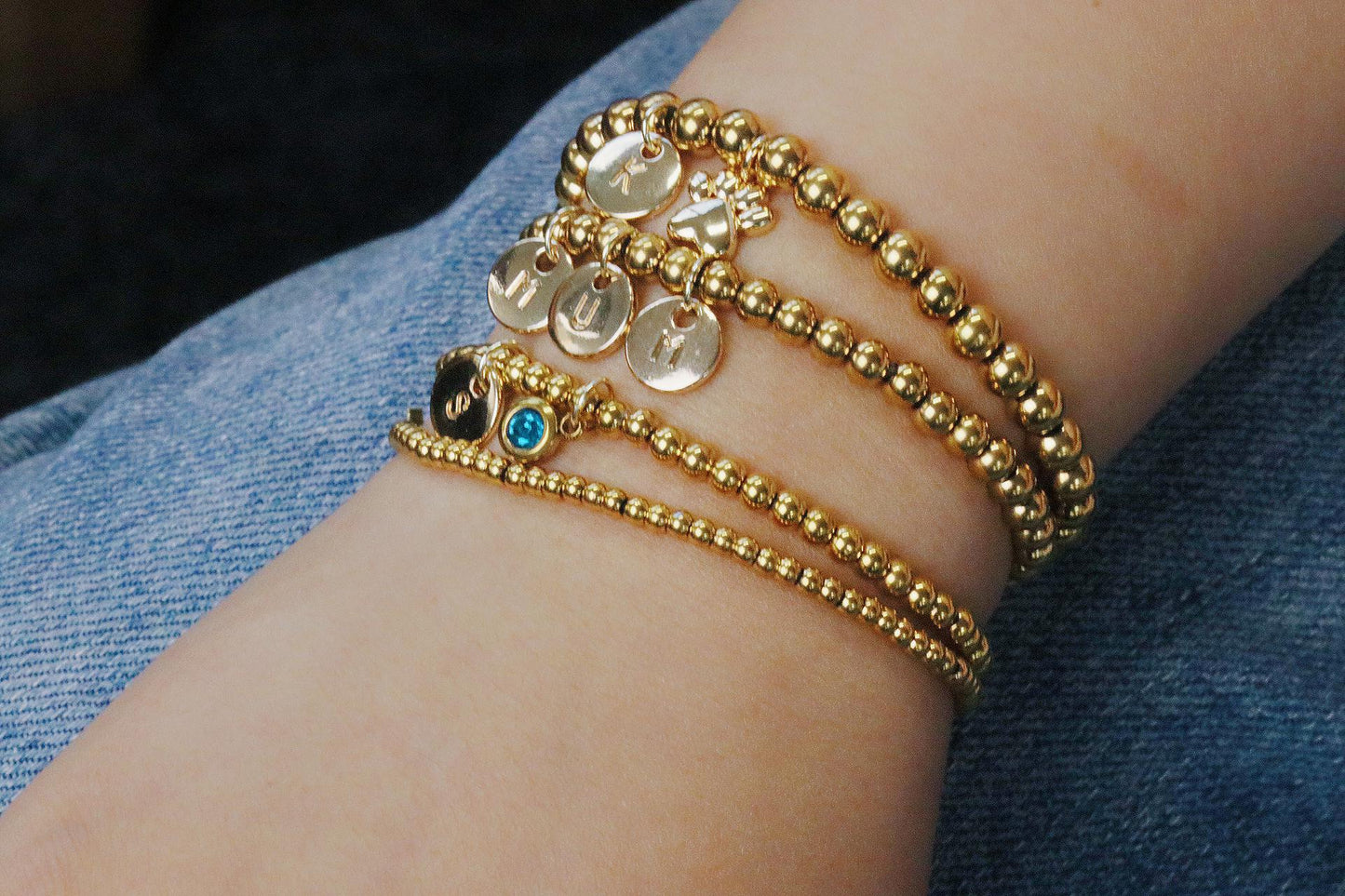 Adjustable Gold Filled Beads Bracelet in 2mm 3mm 4mm 5mm, Water Proof Minimalist Jewellery, Gold Letter Bracelets, Christmas Gift for Her