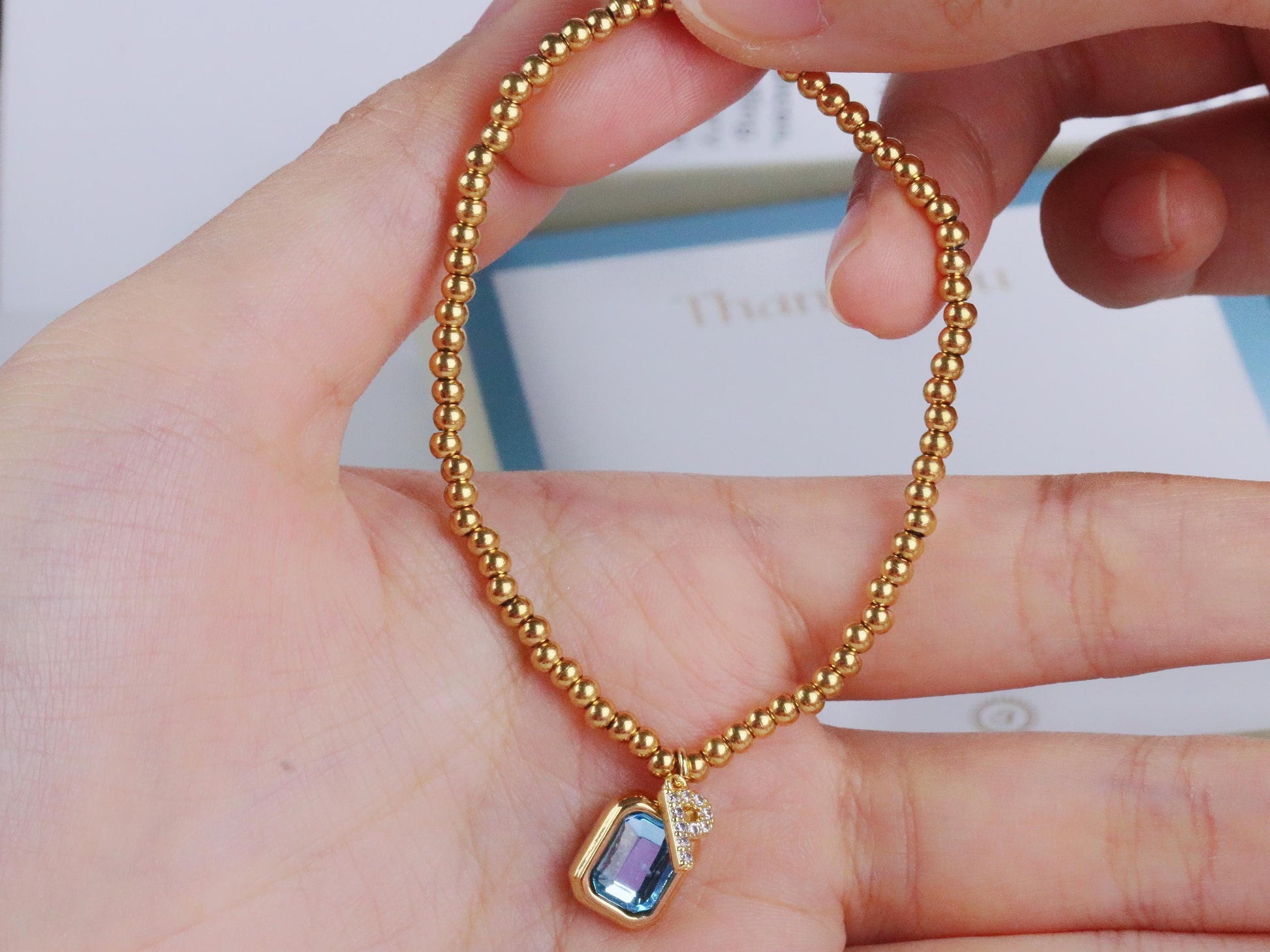 Thank You Bracelet, Gold Filled Beads Initial Bracelet, Sentimental Birthstone Bracelet Teacher's Gift,Wedding Day Gift, Christmas Gift