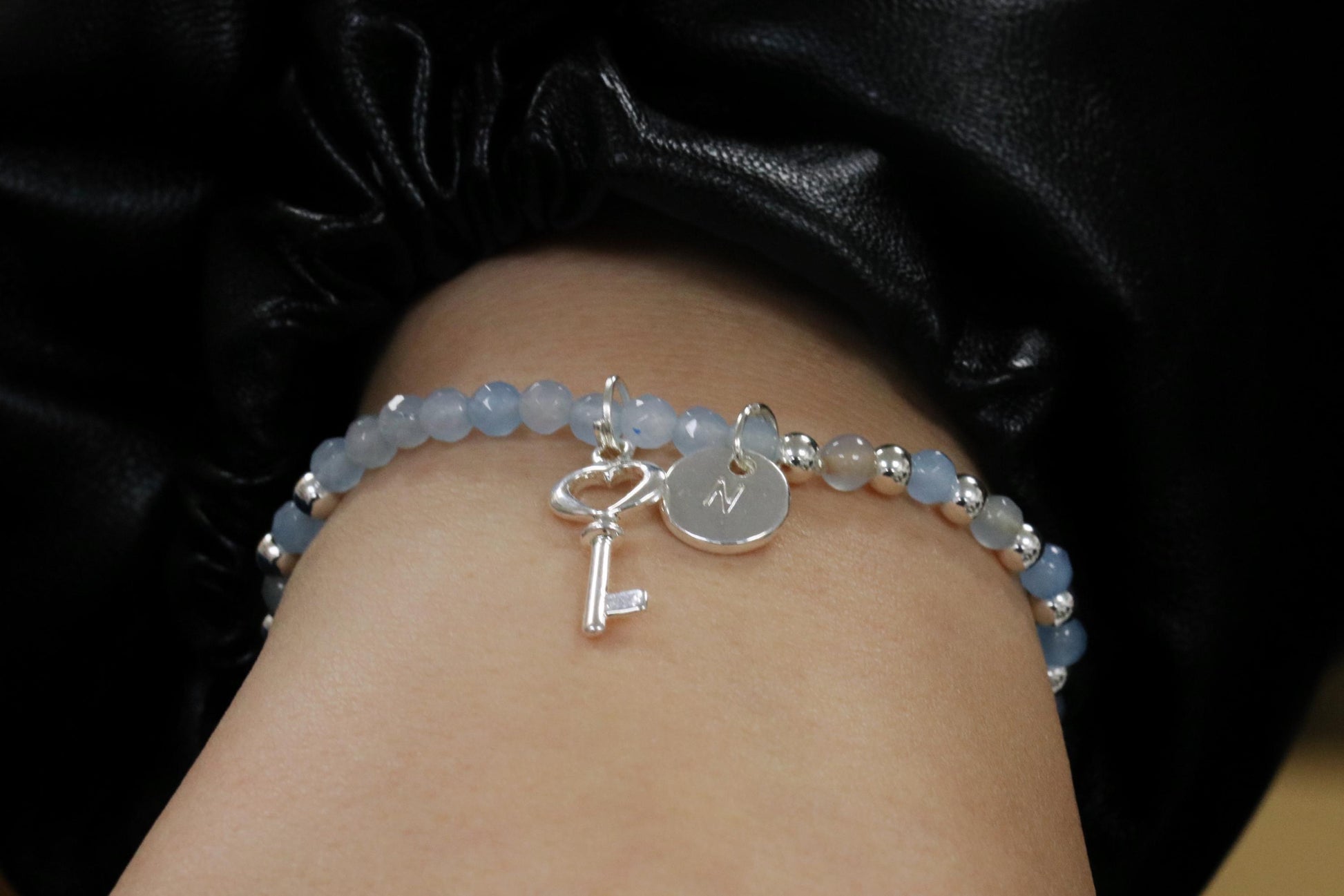 Blue Agate Initial Bracelet, Personalised Silver Beaded Bracelet, 16, 18 21 30 40 50 60 Birthday Gift for Her, Customised Number Bracelet