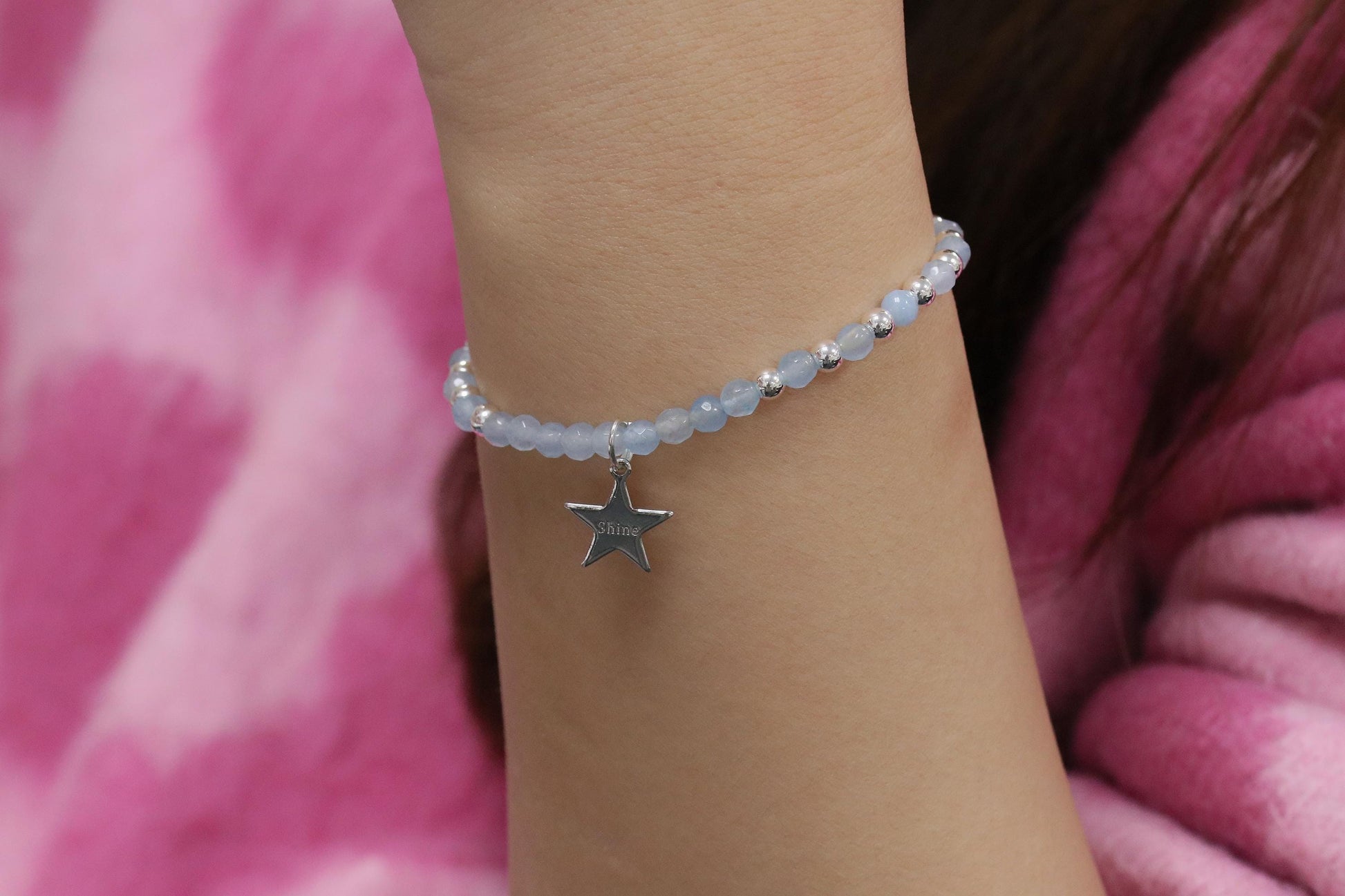 30 Birthday Gift, Blue Agate Initial Bracelet, Personalised Silver Beaded Bracelet, 30 40 50 60 Birthday Gift for Her, Customised Number