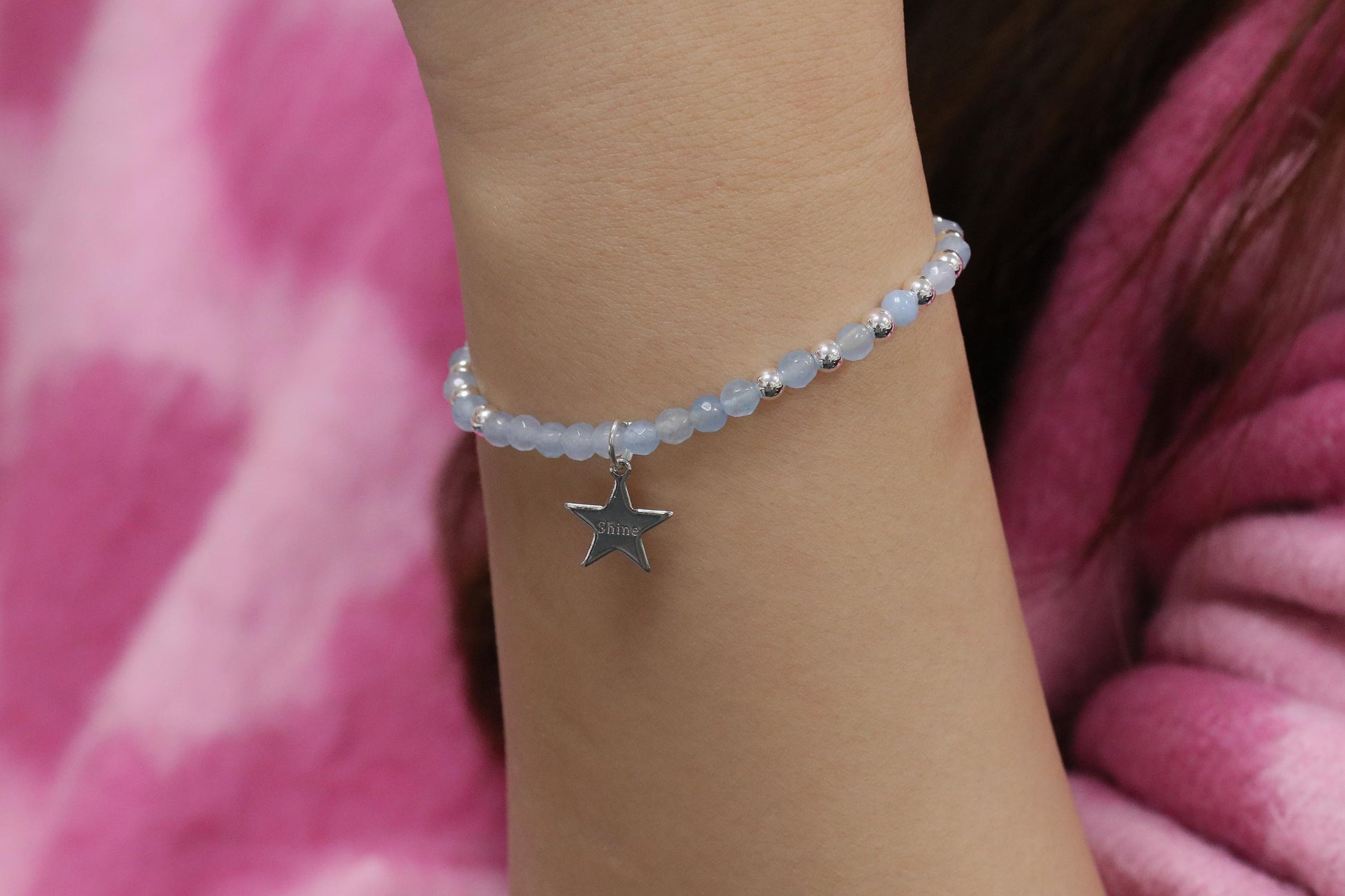 Blue Agate Initial Bracelet, Personalised Silver Beaded Bracelet, 16, 18 21 30 40 50 60 Birthday Gift for Her, Customised Number Bracelet