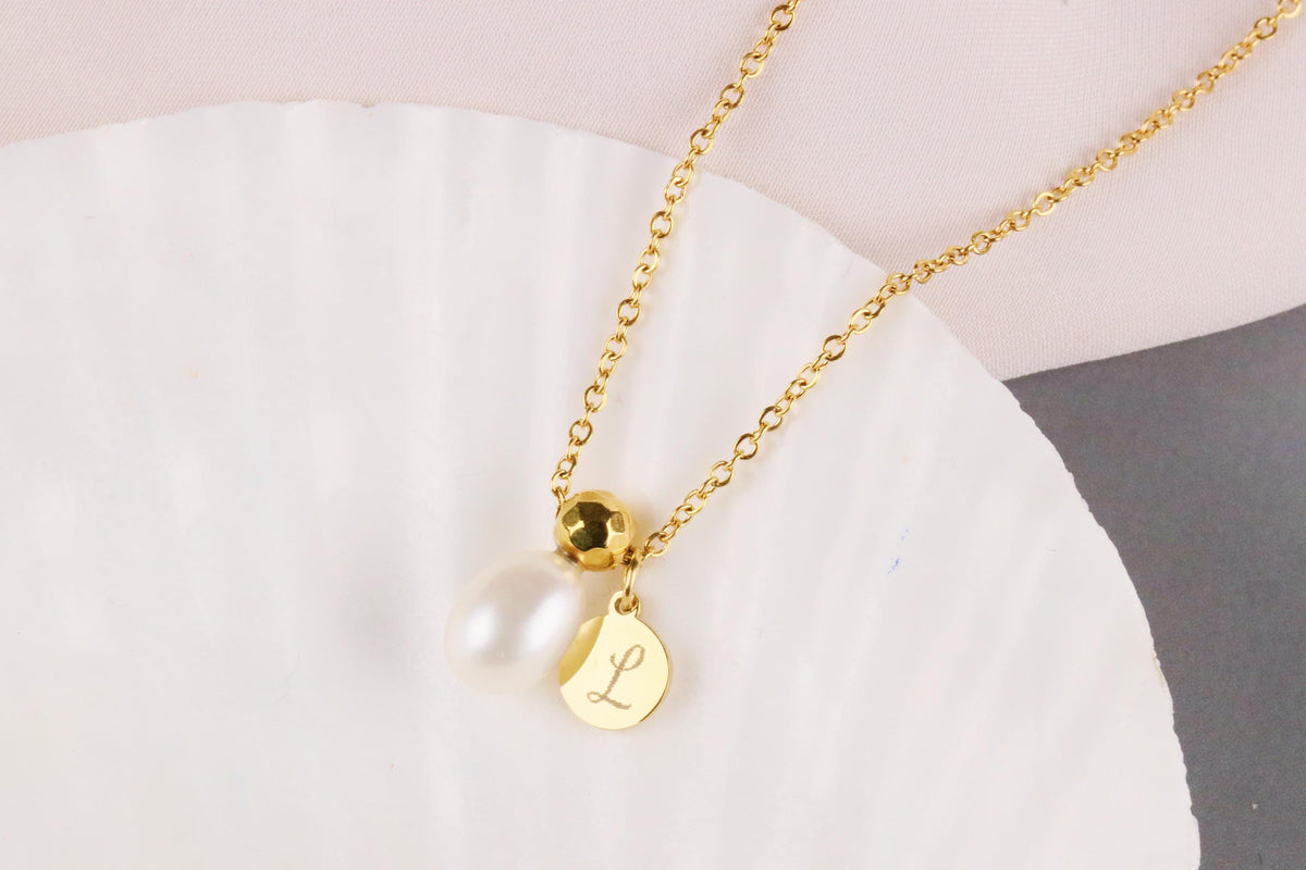 Personalised Initial Necklace, Gold Peal Custom Necklace, Christmas Wife Gift, Engraving Gift for Her, Water Proof Custom Letter Necklace