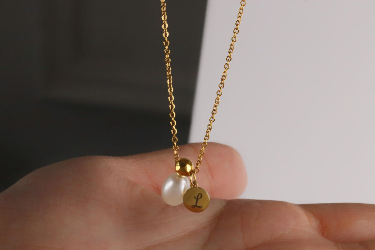 Personalised Initial Necklace, Gold Peal Custom Necklace, Christmas Wife Gift, Engraving Gift for Her, Water Proof Custom Letter Necklace