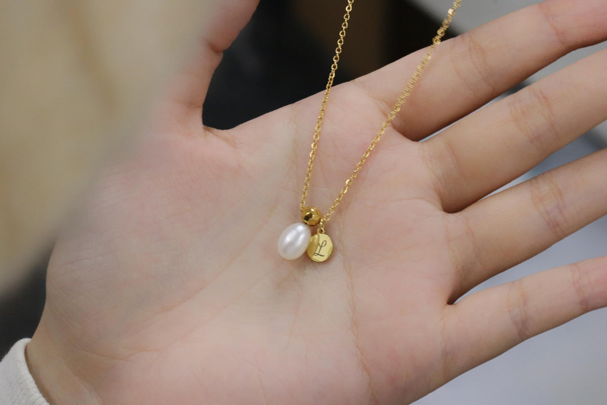 Personalised Initial Necklace, Gold Peal Custom Necklace, Christmas Wife Gift, Engraving Gift for Her, Water Proof Custom Letter Necklace