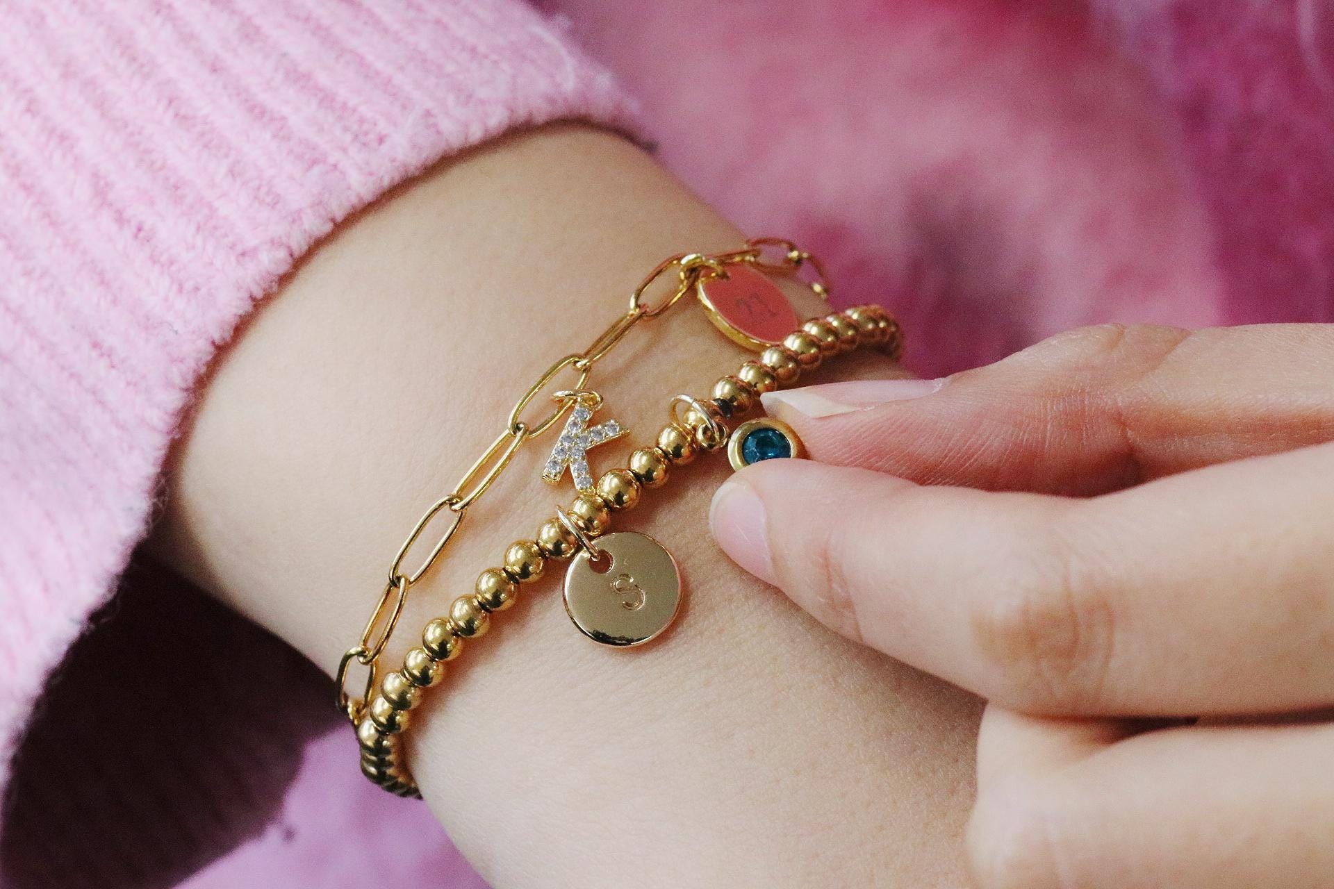 Elastic Gold Filled Beads Bracelet, Water Proof Initial Jewellery, Stacking Filler Letter Bracelets, Christmas Gift for Her, Secrete Santa
