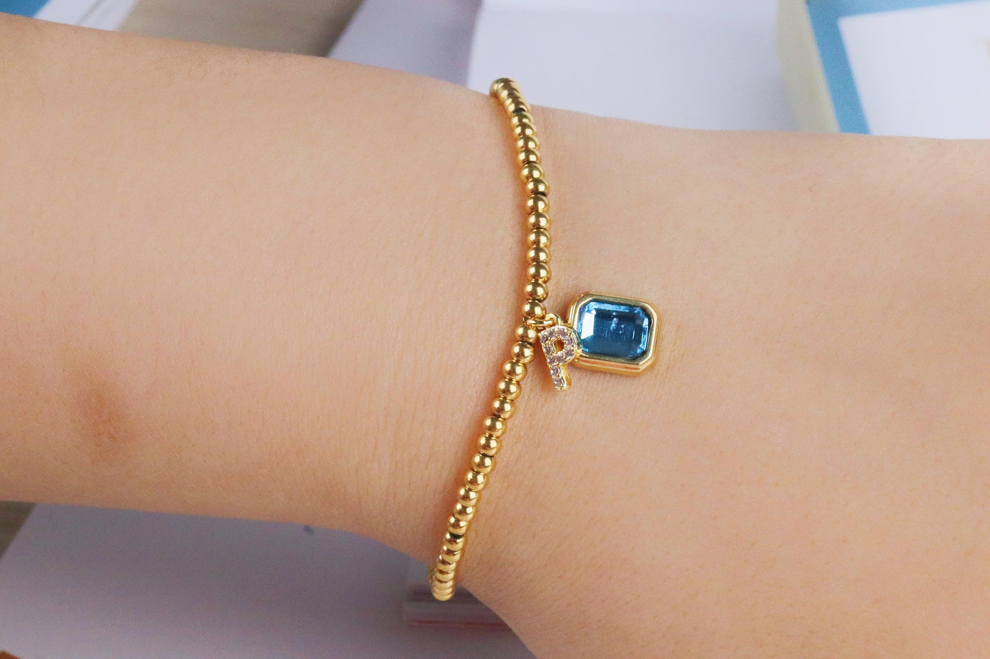 Thank You Bracelet, Gold Filled Beads Initial Bracelet, Sentimental Birthstone Bracelet Teacher's Gift,Wedding Day Gift, Christmas Gift