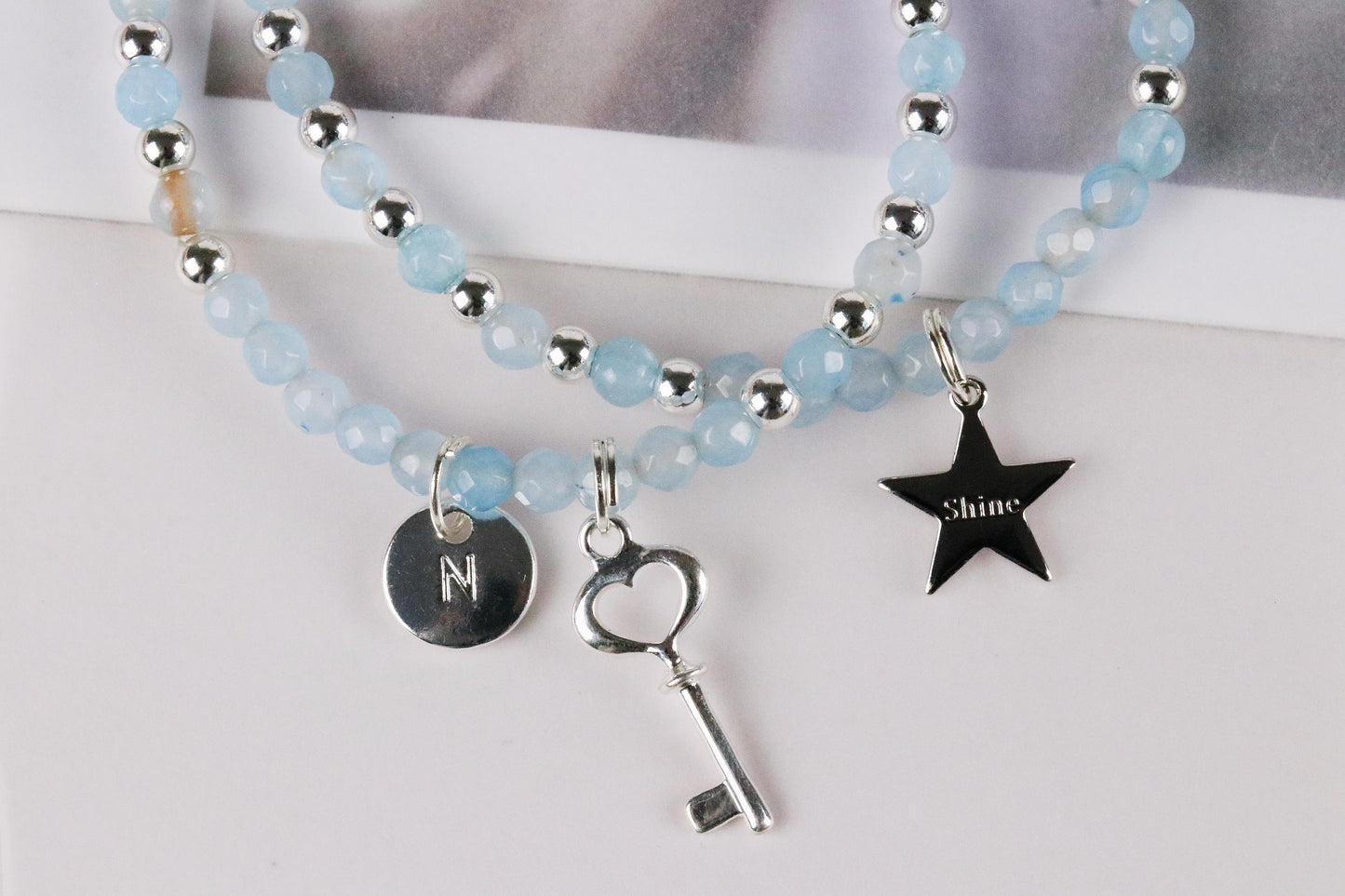 Blue Agate Initial Bracelet, Personalised Silver Beaded Bracelet, 16, 18 21 30 40 50 60 Birthday Gift for Her, Customised Number Bracelet