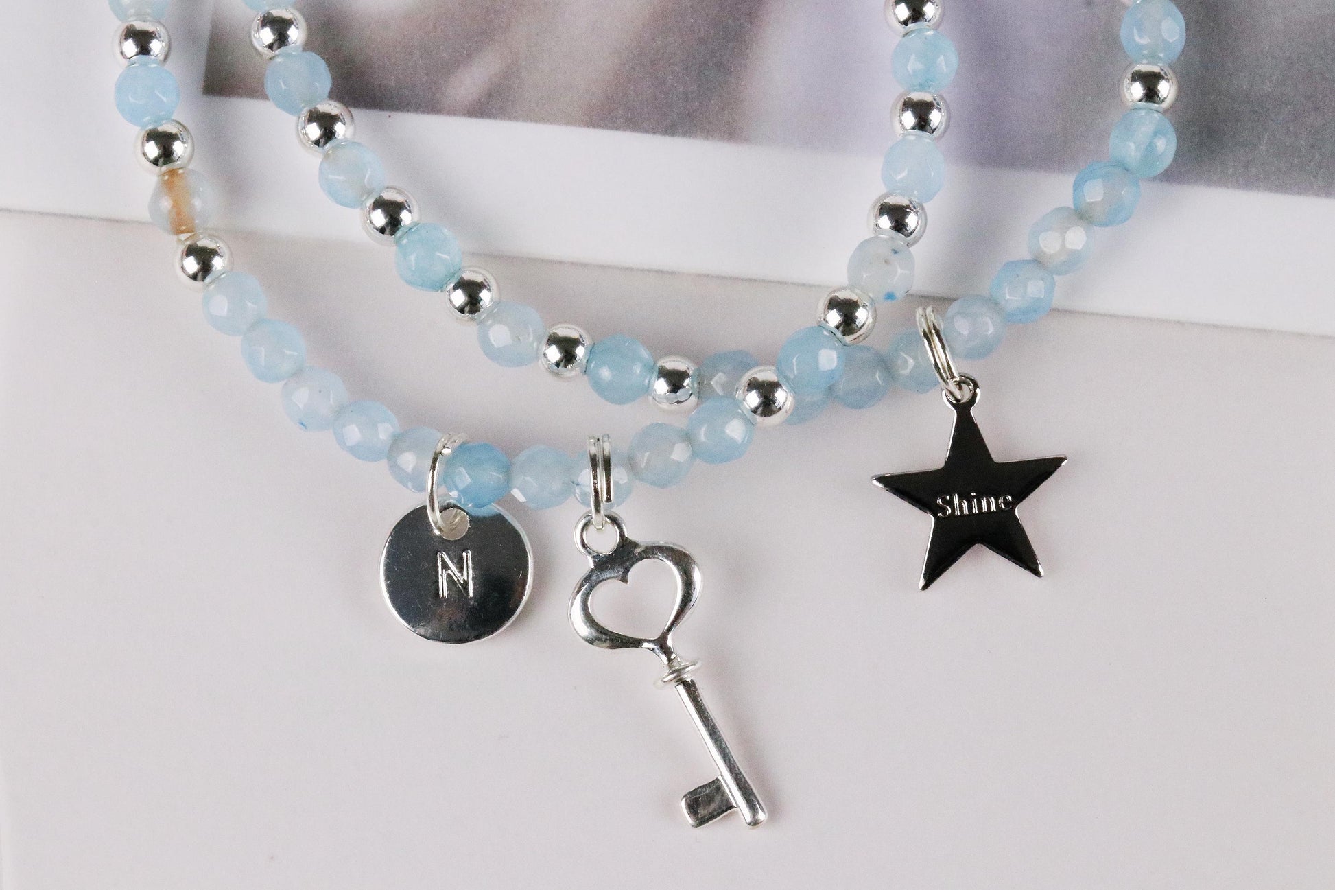 Blue Agate Initial Bracelet, Personalised Silver Beaded Bracelet, 16, 18 21 30 40 50 60 Birthday Gift for Her, Customised Number Bracelet