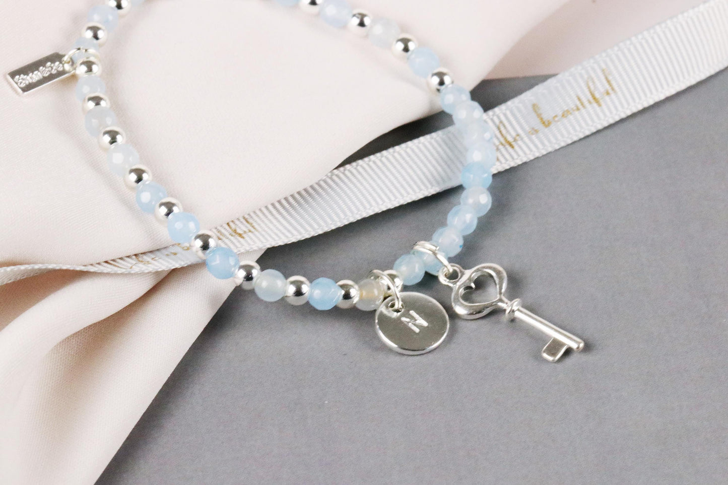 30 Birthday Gift, Blue Agate Initial Bracelet, Personalised Silver Beaded Bracelet, 30 40 50 60 Birthday Gift for Her, Customised Number