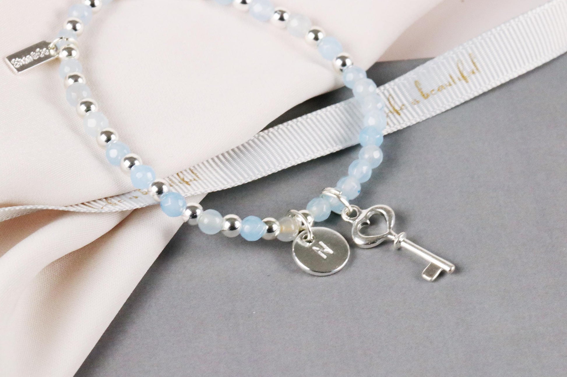30 Birthday Gift, Blue Agate Initial Bracelet, Personalised Silver Beaded Bracelet, 30 40 50 60 Birthday Gift for Her, Customised Number