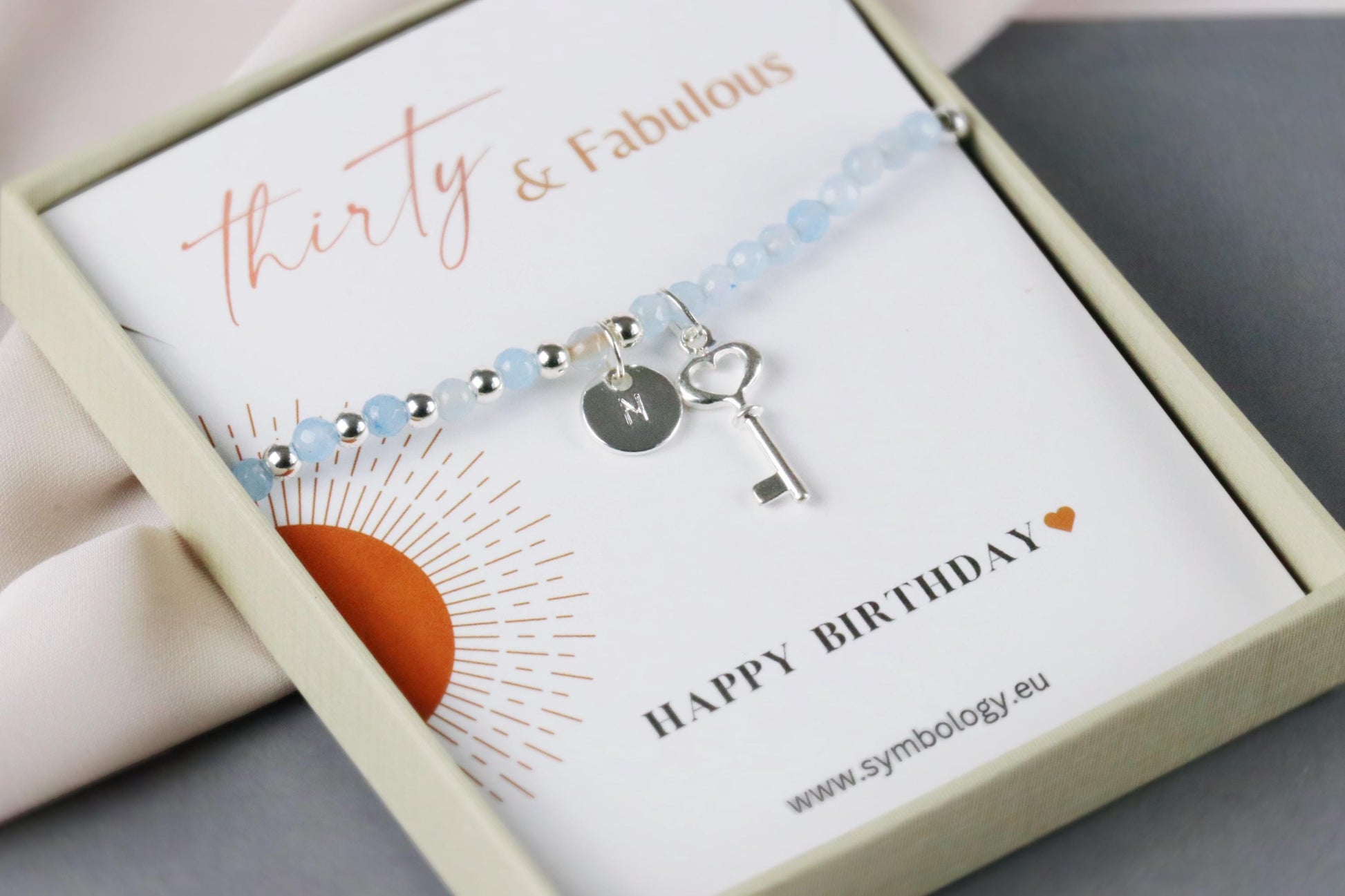 30 Birthday Gift, Blue Agate Initial Bracelet, Personalised Silver Beaded Bracelet, 30 40 50 60 Birthday Gift for Her, Customised Number