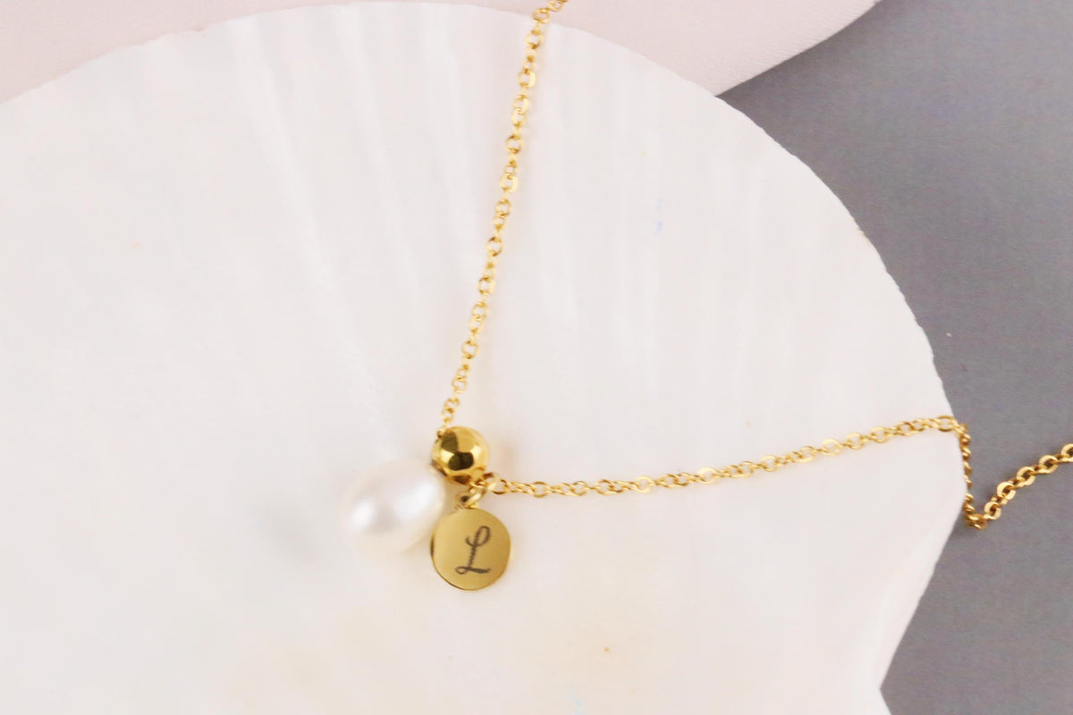 Personalised Initial Necklace, Gold Peal Custom Necklace, Christmas Wife Gift, Engraving Gift for Her, Water Proof Custom Letter Necklace