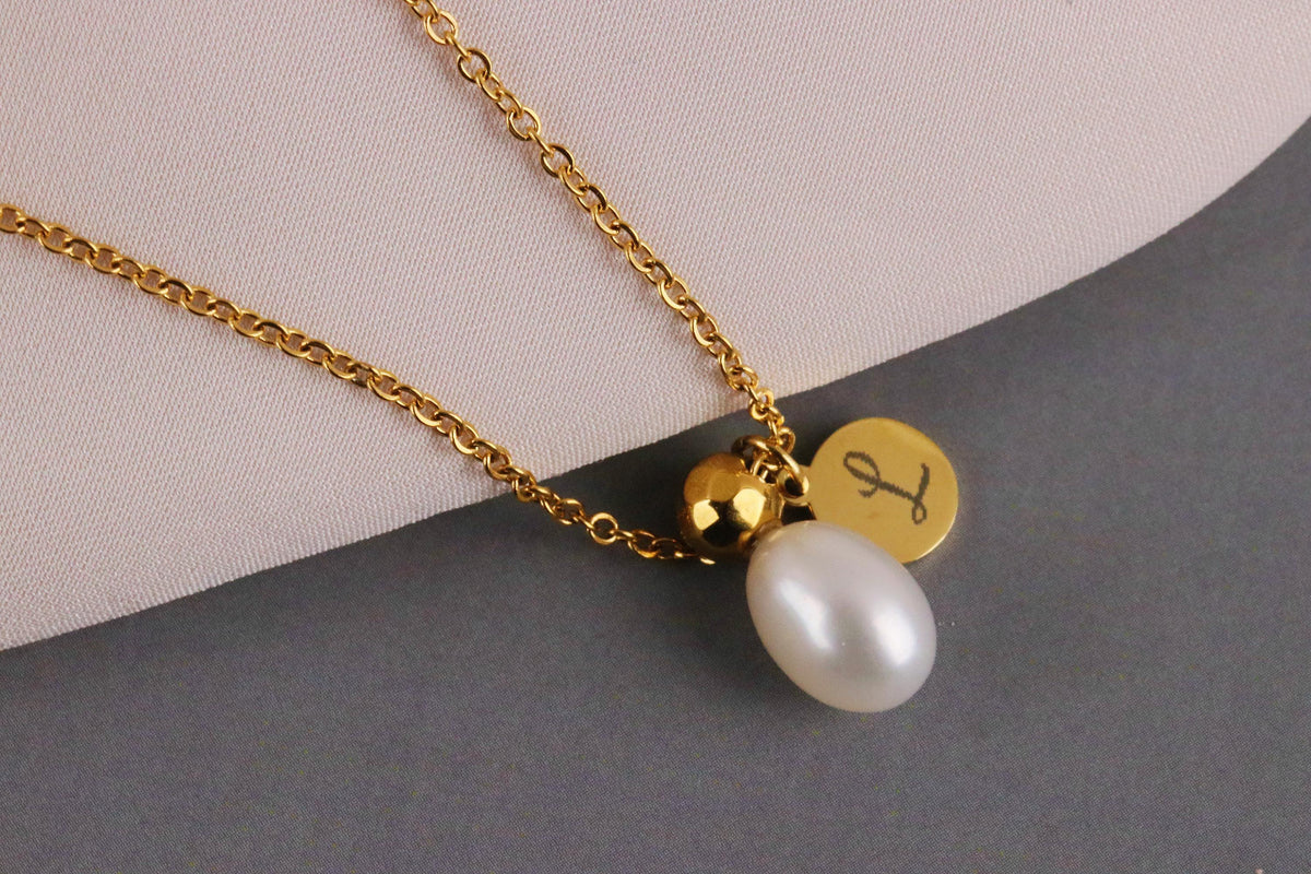 Personalised Initial Necklace, Gold Peal Custom Necklace, Christmas Wife Gift, Engraving Gift for Her, Water Proof Custom Letter Necklace